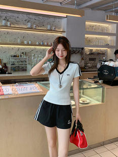 V-neck striped contrast color front shoulder embroidery short sleeve T-shirt women's summer short bow design 2025 new top