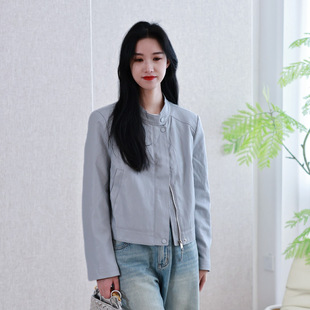 Rich Spring Japanese Korean Style Fresh Haze Blue Protein Leather Jacket Small Motorcycle Elegant Sweet Cool Short Jacket