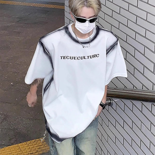 American Street T-shirt Trendy Brand American Vintage ootd Tie-dye Gradient Short-sleeved Heavy Metal Print Trendy Men's Top