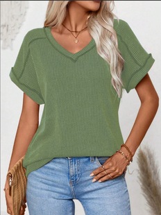 2025 Spring and Summer Cross-border Europe and America Amazon New Fashion Two-color Twisted Cotton and Linen Bomb Short-sleeved V-neck T-shirt Women's Top