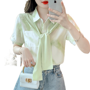 Short-sleeved Shirt Women's 2025 New Summer Design Sense Niche Slim Look Fashionable Fake Two-piece Chiffon Top