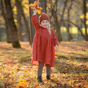 Vintage Mori Rust Red Princess Dress Children's Solid Color Long Sleeve Dress Round Neck Lantern Sleeve dress Women's Autumn