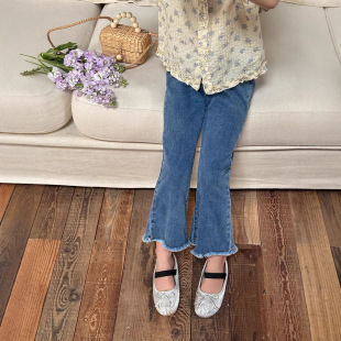 Large and Small Girls' Pants for Spring and Summer 2025 Children's Women's Retro Slim-Fit Western Style Wool Hedge Horn Denim Trendy Pants