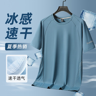 Summer ice silk short sleeve T-shirt men's thin loose sports fitness top quick-drying stretch plus size half sleeve t-shirt