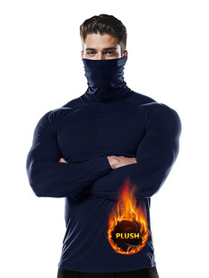 Cross-border Autumn and Winter Men's fleece-lined Top with Face Mask Fitness Exercise Tight High Collar Running Warm fleece-lined Base Shirt