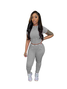 HR24015 European and American Women's Cross-border Hot Sale Washed Old Threaded Short-sleeved Pants suit
