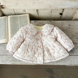 Winter Baby Girl Infant Cotton Quilted Cotton fleece-lined Thickened Sweet Floral Doll Collar Love Buckle Coat