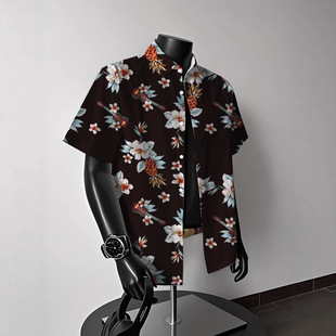 Cross-border Retro Ami Khaki Shirt Short-sleeved Summer Beach Thailand Yunnan Water Splashing Festival Hawaiian Men and Women