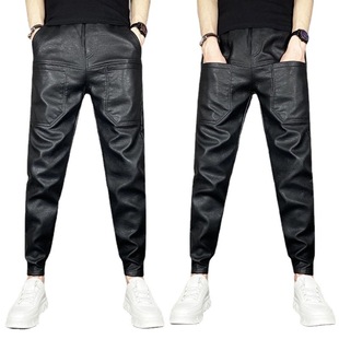 Autumn and Winter Casual Stretch All-match PU Leather Pants for Motorcycle Men's Fashion Brand fleece-lined Thickened Take-out Warm Pants for Riding