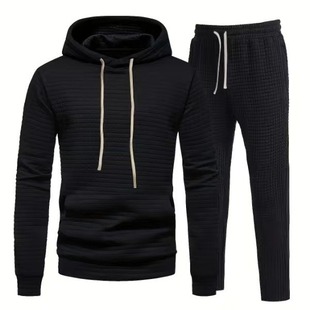 2023 cross-border Amazon autumn and winter men's long sleeve, European and American casual jacquard small square hooded sports suit
