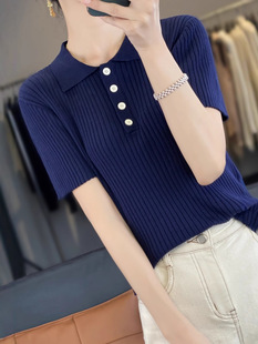 Spring and Summer Short-sleeved Women's Slim-fit Slimming Knitted Tight Lapel Thin Inner Base Half-sleeved Top Pullover POLO Collar