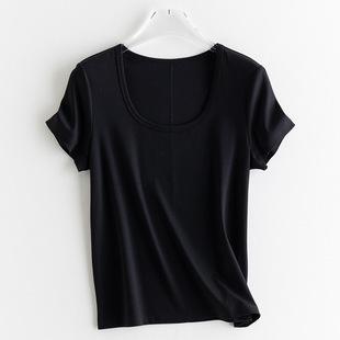 25 summer new women's clothing cool feeling non-ironing mercerized cotton silk shoulder fit short sleeve back embroidered wheat t-shirt