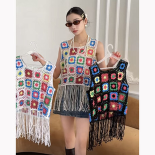 Tassel Vest Sling Women's Summer Ethnic Style Vintage Embroidered Outer Wear Loose V-neck Stacked All-match Crochet Hollow Shirt