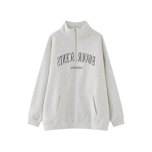 American Style Retro Grey Polo Collar Sweatshirt Women's Spring and Autumn Design Niche oversize Loose Half-Zip Top
