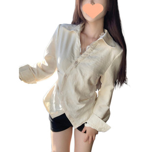 Elegant Collar Lace Stitching Long-sleeved Shirt Women's Autumn New Style Style Tight Waist Design Top with Strap