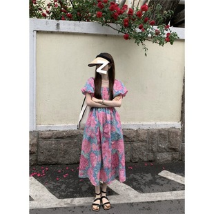 Floral Square Collar Puff Sleeve dress Women's Summer New French Style Tight Waist Slimming Mid-length Trendy Skirt