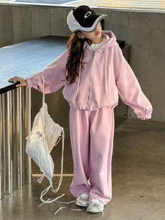 Girls' Sports suit 2025 New Spring CUHK Children's Knitted Hooded Sweater Jacket Casual Wide Leg Pants