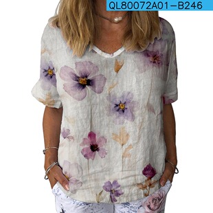 Cross-Border Hot Selling Recommended Plant Flower Elements Women's V Neck Short-Sleeved t Wholesale