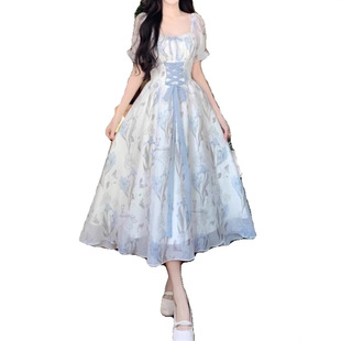 Tea Break French Style Gentle Square Collar Floral dress Women's Summer plus size Lace-up Waist Sweet Printed Long Skirt