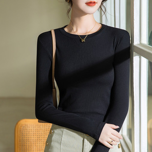 Modal Base Shirt Women's 2023 Women's New Solid Color Round Neck Long Sleeve T-shirt Tight Inner Waisted Top