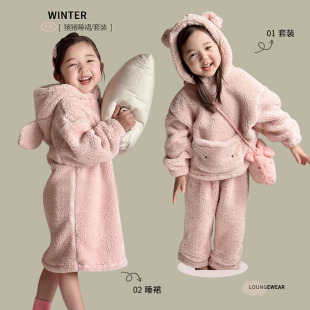 25 Children's Autumn and Winter Stuffed Home Clothes Piggy Set + Nightgown Girl's Double-Sided Velvet Cartoon Pajamas and Pajamas