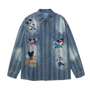 High Street American Cartoon Animal Heavy Industry Вышитая джинсовая рубашка с длинными рукавами мужская одежда прилив свободная стирка для старой рубашки