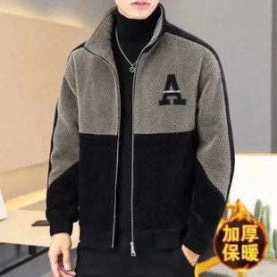 Cross-border Spring and Autumn Men's Thickened Color-matching Fashion Jacket Collar Stitching Casual Thickened Warm plus size Top Trendy