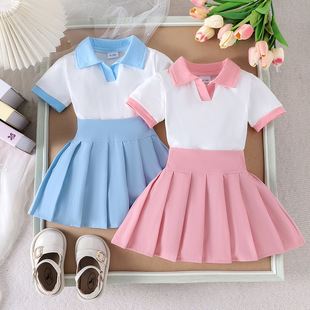 European and American New College Style Girls Cute Student White Short Sleeve Top Pleated Skirt suit