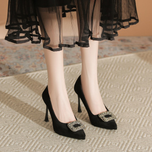 Black Elegant High Heels Women's New All-match Professional Work Shoes Rhinestone Square Buckle Waterproof Platform Thin Heel Single-layer Shoes