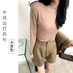 [Live Explosions] Autumn and Winter Ladies Semi-high Collar Long Sleeve Backing Shirt Stretch Slim Ear Edge Wholesale