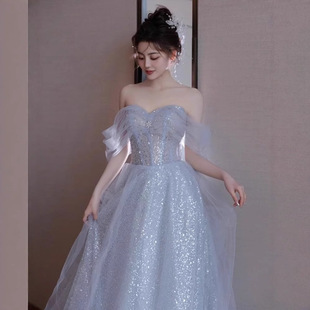 Spring New Blue off-shoulder Sequins Fairy Dress Super Fairy High-end Adult Gift Dress Light Luxury Niche Elegant