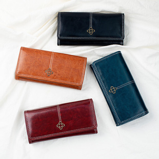 2021 New Women's Long Hand Wallet Cross-border European and American Vintage Oil Wax Leather Women's Multi-Card Change Wallet