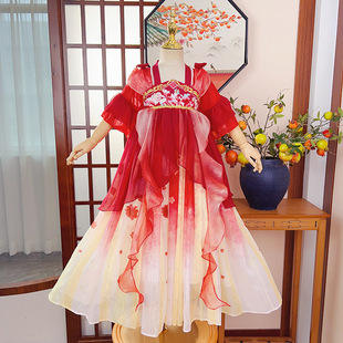 Hanfu Girl Весенний и Летний китайский стиль Тонкая юбка Костюм Платье Супер Фея Маленькая девочка Осенний детский костюм Тан