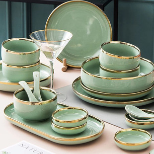 Net red ins Nordic green Phnom Penh solid ceramic dish spoon set gift household simple tableware combination