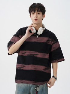 Tie-dyed Contrast Striped Pure Cotton Short-sleeved T-shirt Men's Summer New Fashionable Embroidered T-shirt Japanese Style Retro Half-sleeved