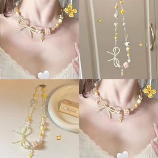 "Canned Honey" Creamy Yellow Beaded Bow Necklace Female Niche High-grade White Sweet Clavicle Chain Accessories