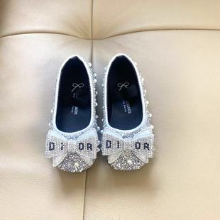 Spring and Summer 2024 New Korean Style Girls' Princess Shoes Square Mouth Shoes Rhinestone Bow Shoes Leather Shoes Performance Dance Shoes
