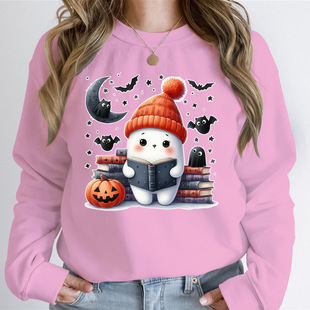 Women's Halloween Hoodless Sweatshirts Funny Books Ghost Gra