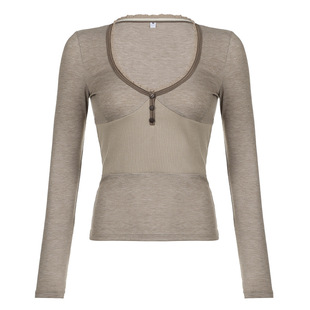 American Style Retro Sexy Low-cut Buckle Tight Waist Slimming Base T-shirt Casual Hot Girl Style V-neck Basic Knitted Top