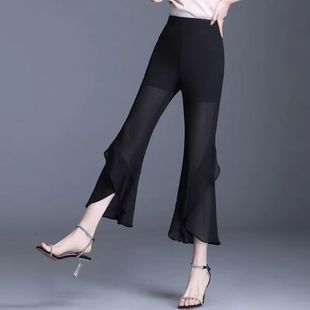 Design Chiffon Thin Flare Pants Women's Summer 2024 New All-match High Waist Dape Slim-fit Slimming Micro-blared Trousers