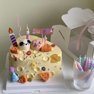 Мультфильм милый щенок свинья сыр торт украшения HBD плагин SWEET мороженое свечи вставка