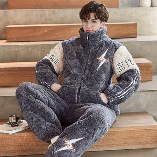 Men's pajamas winter fleece-lined thick three layer quilted 2024 new flannel home clothes winter suit wholesale