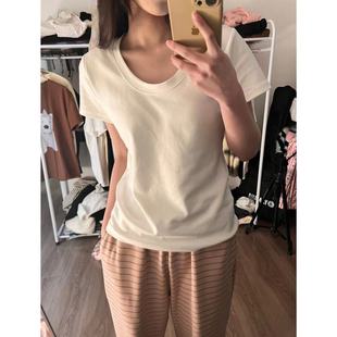 Shoulder Short Sleeve U-Neck T-Shirt Women's Summer 2025 New Cotton Slim-Fit Low Crewneck Basic New Top