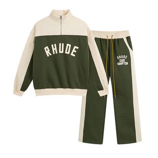 24SS cross-border European and American fashion brand RHUDE color matching fleece-lined half zipper sweater men's and women's high street sports trousers suit