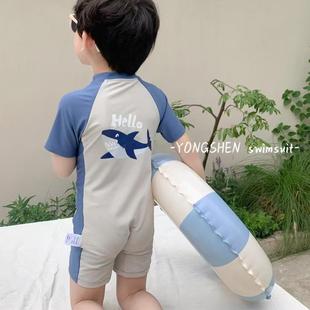 Children's One-piece Short-sleeved Sunscreen Swimsuit Boy's Summer Cute Shark Quick-drying Small and Medium-sized Children's Seaside Holiday Swimsuit