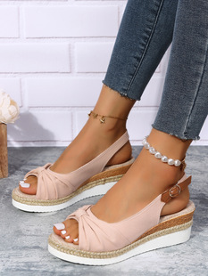 2023 independent station new European and American sandals plus size foreign trade hemp rope bow wedge heel casual sandals women's shoes wholesale