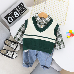Boys' Vest Set 2021 Spring and Autumn New Children's Knitted Vest Western Style Shirt Three-piece Children's Wear