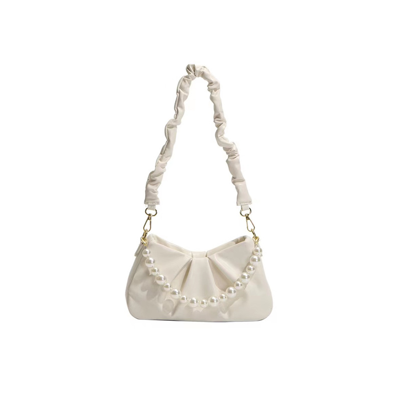 French-style versatile white pleated cloud bag for women, 2026 new style, pearl chain underarm bag, shoulder bag, crossbody bag.