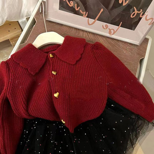 Korean children's clothing 2023 girls' autumn clothes retro universal knitted cardigan children's western style lapel long sleeve solid color sweater