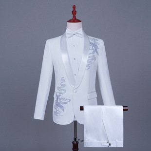 Men's Yiguo Collar Black and White Hot Phoenix Colored Diamond Suit Stage Performance Cantata Red Song Host Singer Suit